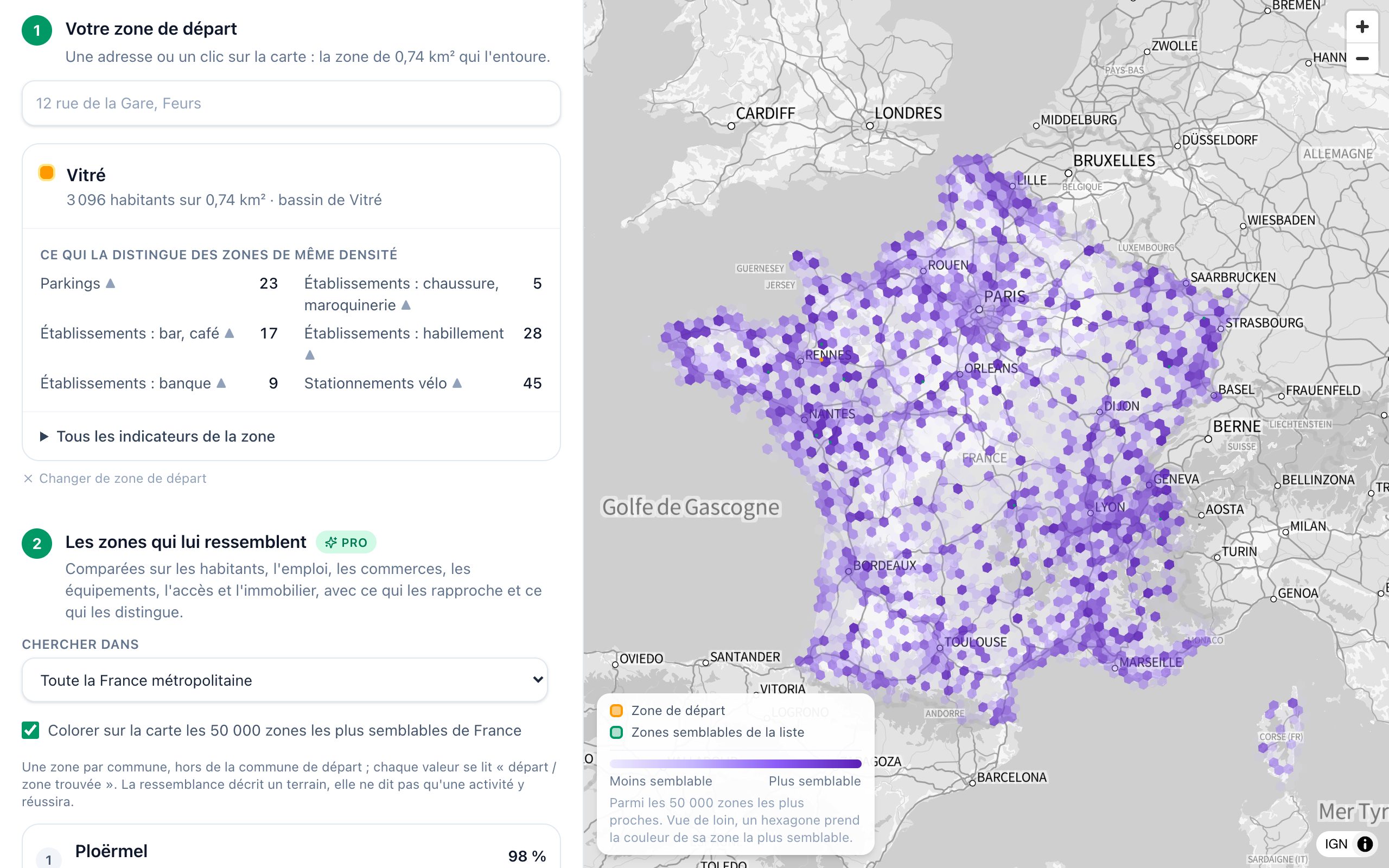 Les zones de France qui ressemblent au centre de Vitré, colorées sur la carte, avec le profil de la zone de départ